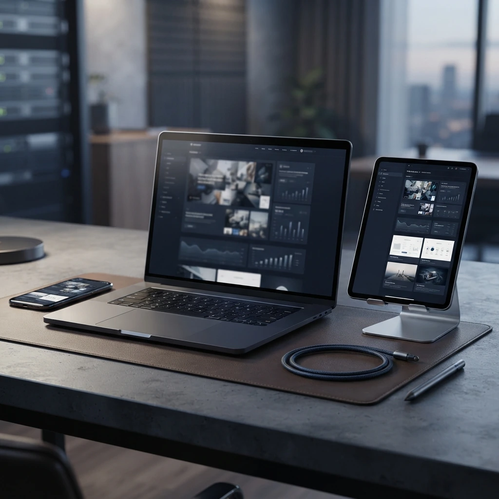 Diseño web responsive mostrado en diferentes dispositivos.