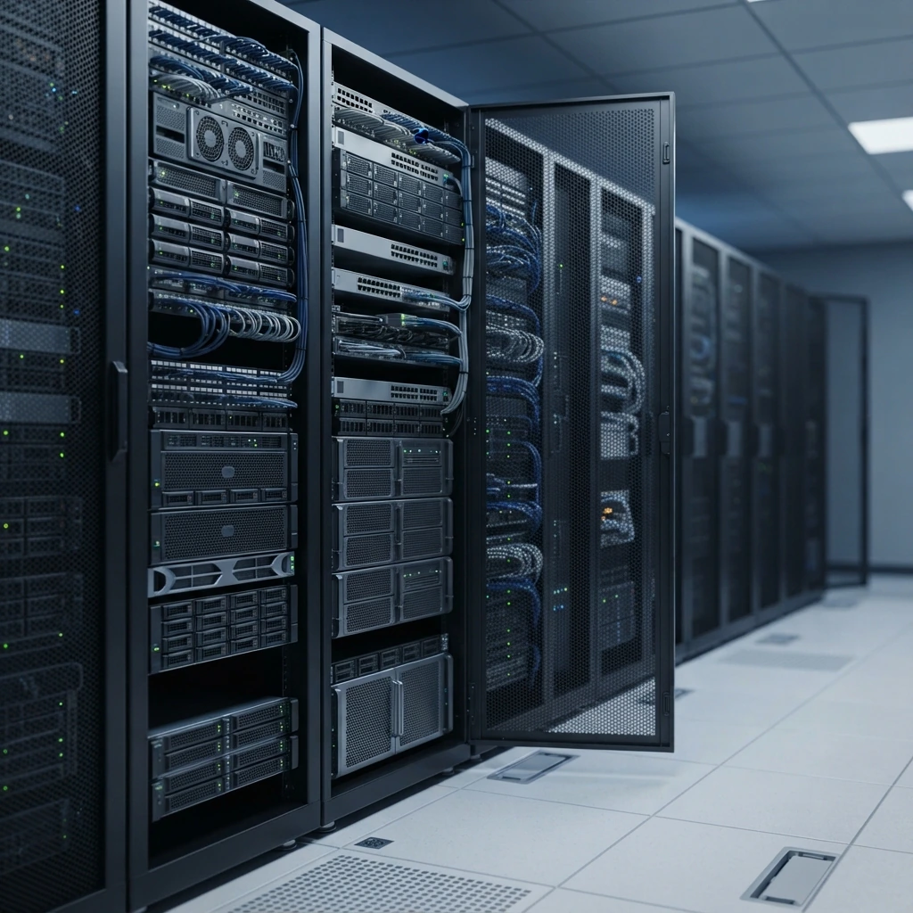 Rack empresarial y servidores de infraestructura tecnológica.