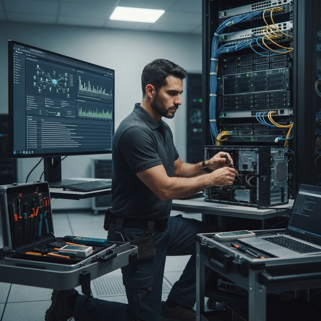 Técnico realizando mantenimiento sobre un equipo.